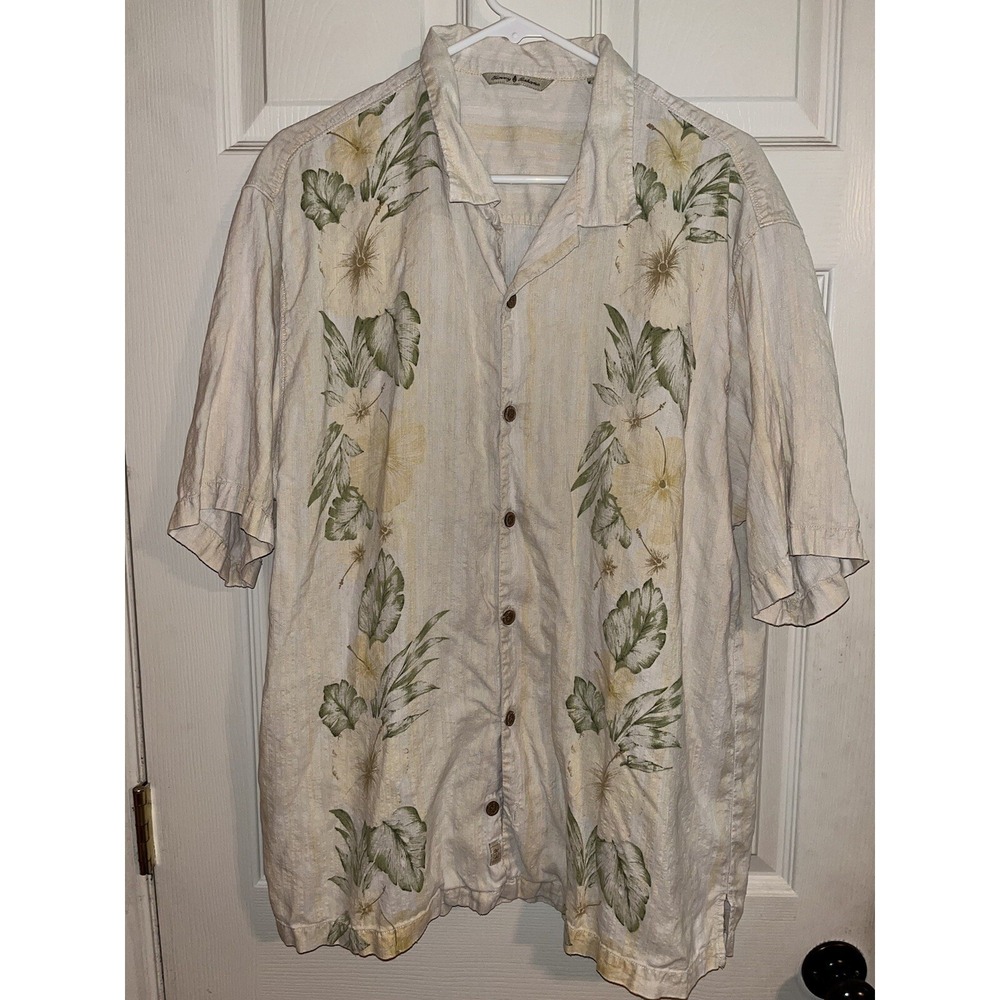 Tommy Bahama silk shirt mens xl Beige Floral Button Down Hawaiian Tropical